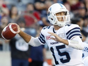 Toronto Argonauts quarterback Ricky Ray throws the ball during the first half of their game against the Redblacks in Ottawa on Saturday night.