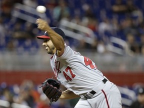 Washington Nationals starting pitcher Gio Gonzalez (47) delivers a pitch during the first inning of a baseball game against the Miami Marlins, Monday, July 31, 2017, in Miami. (AP Photo/Lynne Sladky)