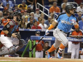 World Team's Yoan Moncada, right, of the Chicago White Sox, bats during the first inning of the All-Star Futures baseball game, Sunday, July 9, 2017, in Miami. U.S. Team catcher Chance Sisco, left, of the Baltimore Orioles. looks on. (AP Photo/Lynne Sladky)