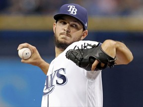 Tampa Bay Rays starting pitcher Jacob Faria throws during the first inning of a baseball game against the Baltimore Orioles, Tuesday, July 25, 2017, in St. Petersburg, Fla. (AP Photo/Mike Carlson)