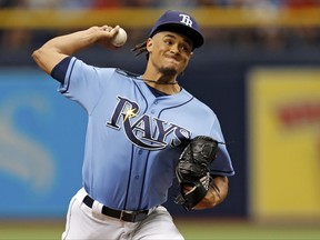 Tampa Bay Rays starting pitcher Chris Archer throws during the first inning of a baseball game against the Boston Red Sox, Sunday, July 9, 2017, in St. Petersburg, Fla. (AP Photo/Mike Carlson)