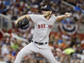 American League's Boston Red Sox pitcher Chris Sale (41), throws a pitch, during the first inning at the MLB baseball All-Star Game, Tuesday, July 11, 2017, in Miami. (AP Photo/Lynne Sladky)