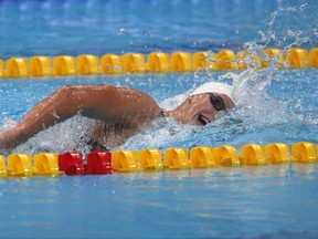 United States' Katie Ledecky competes in a women's 1500-meter freestyle heat during the swimming competitions of the World Aquatics Championships in Budapest, Hungary, Monday, July 24, 2017. (AP Photo/Darko Bandic)