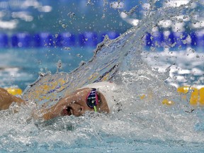 China's gold medal winner Sun Yang swims in the men's 400-meter freestyle final during the swimming competitions of the World Aquatics Championships in Budapest, Hungary, Sunday, July 23, 2017. (AP Photo/Michael Sohn)