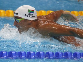 South Africa's gold medal winner Chad Le Clos competes in the men's 200-meter butterfly final during the swimming competitions of the World Aquatics Championships in Budapest, Hungary, Wednesday, July 26, 2017. (AP Photo/Darko Bandic)