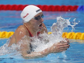 Hungary's gold medal winner Katinka Hosszu competes in the women's 200-meter medley final during the swimming competitions of the World Aquatics Championships in Budapest, Hungary, Monday, July 24, 2017. (AP Photo/Darko Bandic)