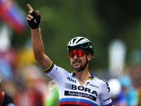 Peter Sagan of Slovakia celebrates as he crosses the finish line to win the third stage of the Tour de France cycling race over 212.5 kilometers (132 miles) with start in Verviers, Belgium and finish in Longwy, France, Monday, July 3, 2017. (AP Photo/Peter Dejong)