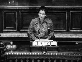 In this Dec. 13, 1974 file photo, French Health Minister Simone Veil speaks about abortion law at the French National Assembly in Paris