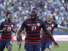United States' Jozy Altidore (27) celebrates after scoring a goal during the first half of the Gold Cup final soccer match against Jamaica in Santa Clara, Calif., Wednesday, July 26, 2017. (AP Photo/Marcio Jose Sanchez)