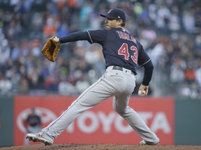 Cleveland Indians starting pitcher Josh Tomlin works in the first inning of the team's baseball game against the San Francisco Giants on Monday, July 17, 2017, in San Francisco. (AP Photo/Eric Risberg)