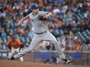 San Diego Padres starting pitcher Trevor Cahill works during the first inning of the team's baseball game against the San Francisco Giants on Friday, July 21, 2017, in San Francisco. (AP Photo/Eric Risberg)