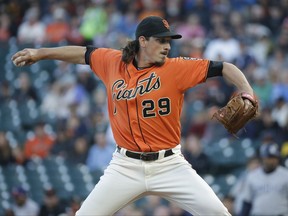 San Francisco Giants starting pitcher Jeff Samardzija works during the first inning of the team's baseball game against the San Diego Padres on Friday, July 21, 2017, in San Francisco. (AP Photo/Eric Risberg)