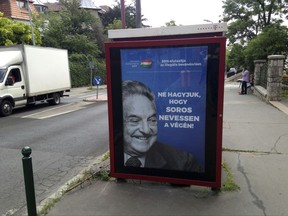 This photo taken Wednesday, July 5, 2017 in Budapest, Hungary, shows an anti-Soros campaign reading "99 percent reject illegal migration" and "Let's not allow Soros to have the last laugh". The Federation of Hungarian Jewish Communities is asking Prime Minister Viktor Orban to immediately end the political ad campaign targeting Hungarian-American investor and philanthropist George Soros. (AP Photo/Pablo Gorondi)