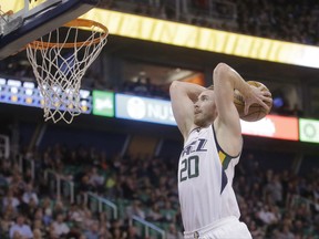 FILE - In this March 3, 2017, file photo, Utah Jazz forward Gordon Hayward goes up for a dunk against the Brooklyn Nets during NBA basketball game in Salt Lake City. A person with knowledge of the decision says Hayward has declined the player-option final year on his contract as expected and will now test the market as an unrestricted free agent. (AP Photo/Rick Bowmer, File)