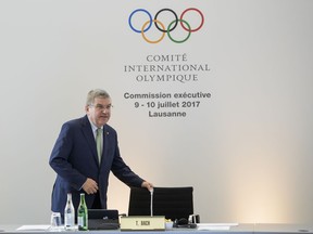 International Olympic Committee, IOC, President Thomas Bach from Germany arrives for the opening of the IOC executive board meeting in Lausanne, Switzerland, Switzerland, Sunday, July 9, 2017. (Jean-Christophe Bott/Keystone via AP)