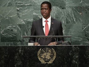 FILE -- In this Tuesday, Sept. 20, 2016, file photo Zambia's President Edgar Lungu speaks during the 71st session of the United Nations General Assembly, at U.N. headquarters. President Edgar Lungu this week announced extra police powers to deal with what he says are growing security challenges, including a fire that destroyed the biggest market in the capital, Lusaka. (AP Photo/Frank Franklin II, File)