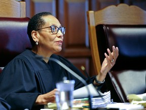 In this June 2016 file photo, Associate Court of Appeals Judge Sheila Abdus-Salaam speaks during oral arguments at the Court of Appeals in Albany, N.Y. On Wednesday, July 26, 2017, the New York City Medical Examiner ruled Abdus-Salaam died by suicide in a drowning.