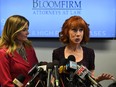Griffin reacts during a news conference to discuss the comedian's "motivation" behind a photo of her holding what appeared to be a prop depicting Trump's bloodied, severed head, with her attorney, Lisa Bloom in Woodland Hills, California on June 2, 2017.