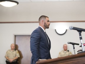 In this Friday, July 14, 2017 photo, current Los Angeles Rams tight end and former Western Kentucky Hilltopper Tyler Higbee pleads guilty to one count of assault under extreme emotional distress at the Warren County Justice Center in Bowling Green, Ky. The charge stemmed from a 2016 fight in a parking lot in Kentucky. (Austin Anthony/Daily News via AP)