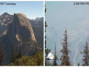 These Tuesday, July 18, 2017, webcam photos provided by the Yosemite Conservancy show the monolith known as Half Dome as smoke from the Ditwiler fire swirls into Yosemite Valley, from late morning to early afternoon, in Yosemite National Park, Calif. The Northern California blaze is also threatening powerlines that provide electricity to the park, officials said. The park remained open Wednesday but several roads frequented by tourists were closed. (Webcam by Yosemite Conservancy at yosemiteconservancy.org via AP)