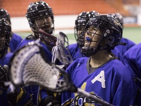 British Columbia's Kiana Point shouts out during a team huddle before their game against Ontario in women's lacrosse during the North American Indigenous Games in Hagerville, Ont., on July 17.