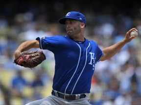 Kansas City Royals starting pitcher Danny Duffy throws to the plate during the first inning of a baseball game against the Los Angeles Dodgers, Sunday, July 9, 2017, in Los Angeles. (AP Photo/Mark J. Terrill)