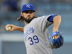 Kansas City Royals starting pitcher Jason Hammel throws to the plate during the first inning of a baseball game against the Los Angeles Dodgers, Friday, July 7, 2017, in Los Angeles. (AP Photo/Mark J. Terrill)
