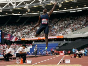 USA's Jeff Henderson competes in the Men's Long Jump during the London Anniversary Games at London Stadium, London, Sunday July 9, 2017. (Paul Harding/PA via AP)