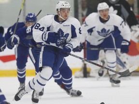 Free-agent forward Jake Tortora breaks up the ice at Toronto Maple Leafs development camp on July 11.