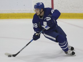 Toronto Maple Leafs prospect Timothy Liljegren heads up ice at development camp on July 12.
