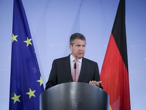 German Foreign Minister Sigmar Gabriel speaks during a news conference in Berlin, Germany, Thursday, July 20, 2017. Gabriel said his country will revise its travel advice for Turkey following the jailing of a German human rights activist who has no ties to the country. (Kay Nietfeld/dpa via AP)