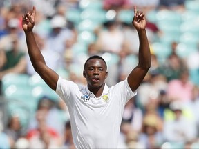 South Africa's Kagiso Rabada celebrates taking the wicket of England's Keaton Jennings on the fourth day of the third test match between England and South Africa at The Oval cricket ground in London, Sunday, July 30, 2017. (AP Photo/Kirsty Wigglesworth)