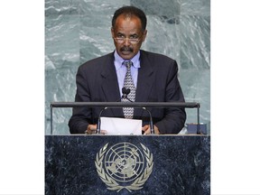 FILE - In this file photo dated Friday, Sept. 23, 2011, President Isaias Afwerki of Eritrea addresses the 66th session of the United Nations General Assembly at U.N. headquarters.  Eritrean officials on Saturday claimed "victory" after the UNESCO World Heritage Committee unanimously decided to put the African nation's capital city of Asmara onto the World Heritage list, despite widespread criticism of hte government and of Afwerki's rule. (AP Photo/Jason DeCrow, FILE)