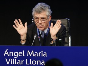 FILE - In this Thursday, Feb. 25, 2016 file photo, Angel Maria Villar Llona chairs a UEFA meeting in Zurich, Switzerland. As FIFA's senior vice president with 19 years' experience on world soccer's decision-making body, Angel Maria Villar is one rung down the ladder from Infantino. The 67-year-old Villar was arrested on Tuesday, July 18, 2017 along with his son whose business ventures he is accused of helping to profit from matches arranged for 2010 World Cup winner Spain. (AP Photo/Michael Probst)