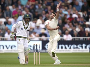England's James Anderson bowls against South Africa  during day one of the second cricket Test match  between England and South Africa at Trent Bridge, Nottingham, England Friday July 14, 2017. (Nick Potts/PA via AP)