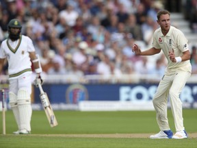 England's Stuart Broad looks back towards the Umpire during day three of the second test match against South Africa at Trent Bridge, Nottingham, England, Sunday, July 16, 2017. (Nick Potts/PA via AP)