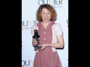 FILE - This is a March 13, 2011 file photo of  Olivier Award-winning actress Michelle Terry in London. Shakespeare's Globe, London's open-air, Elizabethan-style playhouse, Monday July 24, 2017, appointed Michelle Terry as its new artistic director. The London theater says Terry will take up the post in April 2018. She replaces Emma Rice, who is leaving early after claiming a lack of support from the company's board. (Ian West/PA via AP)