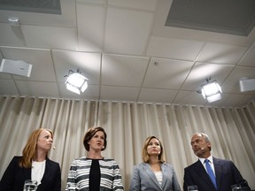 The party leaders of the Alliance, a union between Centre, Moderate, Christian Democrats and the Liberal parties, gather at the headquarters for the Moderate party in Stockholm, Sweden, Wednesday, July 26, 2017. Sweden's right-wing opposition parties said Wednesday they are planning a motion of no confidence in three government ministers over a security leak which could result in major changes in the minority government. Pictured from left, Alliance party leaders, Annie Lööf (Centre Party), Anna Kinberg Batra (Moderate), Ebba Busch Thor (Christian Democrats) and Jan Björklund (Liberals). (Erik Simander/TT via AP)