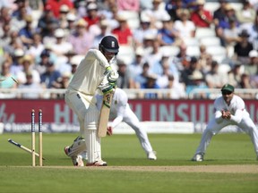 England's Keaton Jennings is bowled out by South Africa's Vernon Philander during day four of the Second Test cricket match at Trent Bridge, Nottingham, England, Monday July 17, 2017. (Nick Potts/PA via AP)