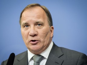 Sweden's Prime Minister Stefan Lofven speaks during a press conference in Stockholm, Monday, July 24, 2017. Sweden's prime minister says a security leak in the transport agency two years ago was "a disaster," but it's unclear what damage it may have caused. Lofven says the data leak was revealed after security police investigated the outsourcing of services by the Swedish Transport Agency and found IT workers in other countries, including the Czech Republic, were not given normal security checks. (Stina Stjernkvist/TT News Agency via AP)