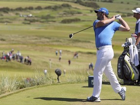 Spain's Jon Rahm on the 8th tee during day three of the Irish Open at Portstewart Golf Club, Northern Ireland, Saturday July 8, 2017.  The 11th ranked Rahm shot a second straight 5-under 67 at the Irish Open and moved into a share of the lead with Daniel Im in the third round on Saturday. (Niall Carson/PA via AP)