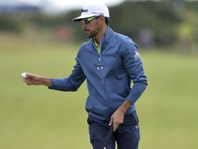 Rafa Cabrera Bello of Spain after putting on the 1st hole during day four of the Scottish Open at Dundonald Links, Troon, Scotland, Sunday July 16, 2017. (Mark Runnacles/PA via AP)