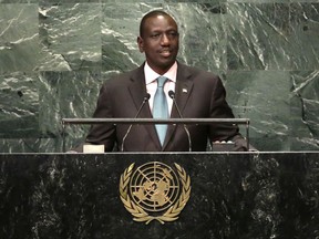 FILE - A Wednesday, Sept. 21, 2016 file photo of Kenya's Vice President William Ruto addressing the 71st session of the United Nations General Assembly, at U.N. headquarters. Kenyan media are reporting that unknown gunmen have attacked the house of Kenya's deputy president moments after he left Saturday, July 29, 2017, to campaign with the president for re-election in the Aug. 8 vote. (AP Photo/Richard Drew, File)