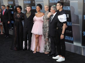 (L-R) Produer Virginie Besson-Silla,  Dane DeHaan,  Rihanna, Cara Delevingne, director Luc Besson and Kris Wu at the premiere of Valerian and The City of a Thousand Planets.