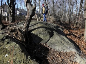 FILE - In this Jan. 11, 2016 file photo, Salem State University history professor Emerson Baker walks through an area known as Proctor's Ledge that he and a team of researchers said is the exact site where innocent people were hanged during the 1692 witch trials in Salem, Mass. Salem and Danvers are holding separate ceremonies Wednesday, July 19, 2017, to mark the 325th anniversary of the hangings of five women convicted of being witches. Twenty people in all were killed. (Ken Yuszkus/The Salem News via AP, File)