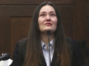 FILE - In this June 5, 2017 file photo, Rachelle Bond testifies in Suffolk Superior Court in Boston in the case of her former boyfriend, Michael McCarthy, who later was convicted of killing Bond's 2-year-old daughter in 2015. Bond is scheduled to be sentenced Wednesday, July 12, after being convicted of being an accessory. (Pat Greenhouse/The Boston Globe via AP, Pool, File)
