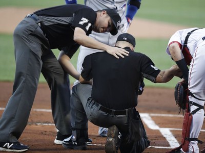 Umpire Baker leaves Blue Jays-Red Sox game after being struck by