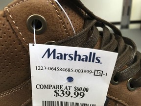 This Tuesday, May 16, 2017, photo shows a price tag on a pair of shoes for sale at a Marshalls store, in Methuen, Mass. On Friday, July 14, 2017, the Commerce Department releases U.S. retail sales data for June. (AP Photo/Elise Amendola)