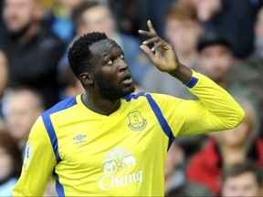 FILE - In this Saturday, Oct. 15, 2016 file photo, Everton's Romelu Lukaku celebrates after scoring during the English Premier League soccer match between Manchester City and Everton at the Etihad Stadium in Manchester, England. Manchester United is looking to sign striker Romelu Lukaku after the club agreed on a fee of 75 million pounds ($97 million) with Everton, a person familiar with the deal said on Thursday July 6, 2017. (AP Photo/Rui Vieira, File)