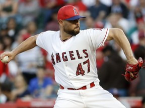 Los Angeles Angels starting pitcher Ricky Nolasco throws to the Seattle Mariners during the first inning of a baseball game in Anaheim, Calif., Saturday, July 1, 2017. (AP Photo/Chris Carlson)